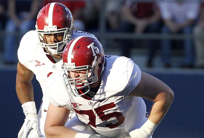 OXFORD, MS - OCTOBER 15:  Offensive linesman Barrett Jones #75 of the Alabama Crimson Tide lines up against Mississippi on October 15, 2011 at Vaught- Hemingway Stadium in Oxford, Mississippi. (Photo by Butch Dill/Getty Images)