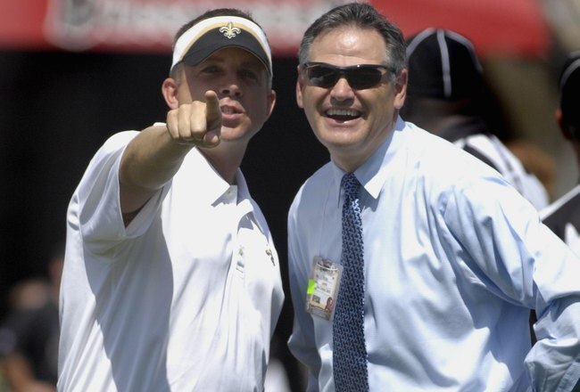 TAMPA, FL - SEPTEMBER 16: Coach Sean Payton and general manager Mickey Loomis of  the New Orleans Saints check the sidelines during warm ups before play against the Tampa Bay Buccaneers during a week-two NFL game on September 16, 2007 in Tampa, Florida.  The Bucs won 31 - 14.(Photo by Al Messerschmidt/Getty Images)