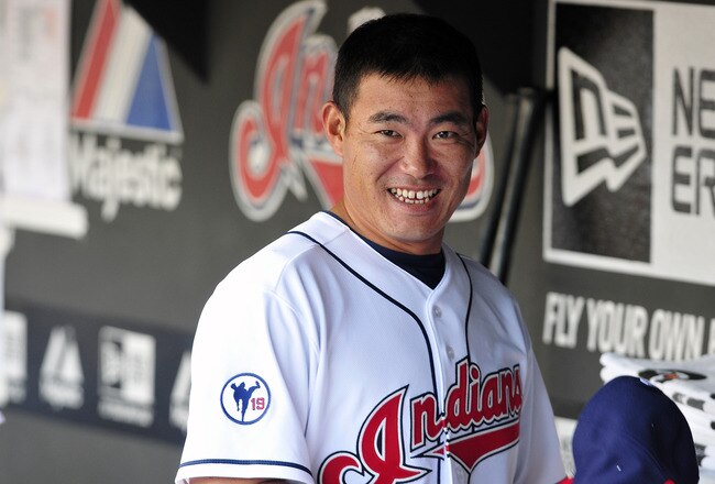 CLEVELAND, OH - JULY 29: Kosuke Fukudome #1 of the Cleveland Indians talks with his new teammates prior to the game between the Cleveland Indians and the Kansas City Royals at Progressive Field on July 29, 2011 in Cleveland, Ohio. (Photo by Jason Miller/Getty Images)