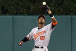 DETROIT, MI - SEPTEMBER 24:  Adam Jones #10 of the Baltimore Orioles catches the ball in center field against the Detroit Tigers during a MLB game at Comerica Park on September 24, 2011 in Detroit, Michigan. The Orioles won 6-5.  (Photo by Dave Reginek/Getty Images)