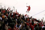 DETROIT, MI - FEBRUARY 14: Darren Helm #43 of the Detroit Red Wings salutes fans as the second star of the game after the Red Wings NHL record breaking 21st consecutive home victory defeating the Dallas Stars 3-1 at Joe Louis Arena on February 14, 2012 in Detroit, Michigan. (Photo by Gregory Shamus/Getty Images)