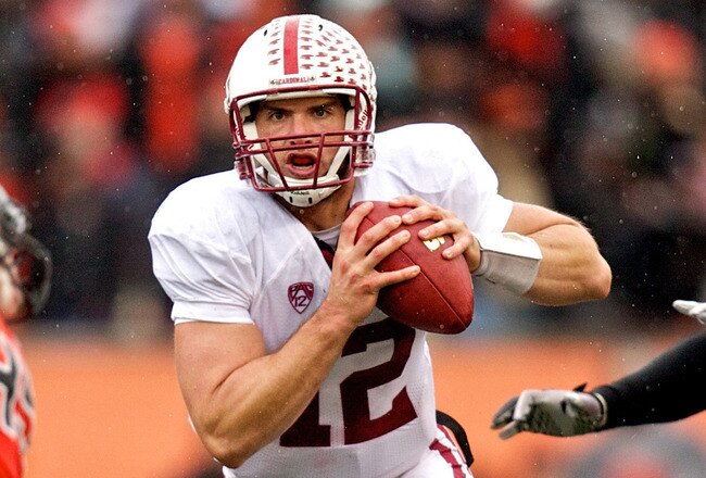 CORVALLIS, OR - NOVEMBER 5: Quarterback Andrew Luck #12 of the Stanford Cardinal rushes past defensive tackle Andrew Seumalo #49 of the Oregon State Beavers on November 5, 2011 at Reser Stadium in Corvallis, Oregon. Stanford won the game 38-13. (Photo by Craig Mitchelldyer/Getty Images)
