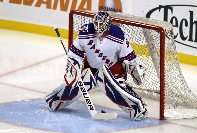 BOSTON - OCTOBER 23:  Henrik Lundqvist #30 of the New York Rangers skates during warmups before the game against the Boston Bruins at the TD Garden on October 23, 2010 in Boston, Massachusetts.  The Rangers won 3-2.  (Photo by Bruce Bennett/Getty Images)