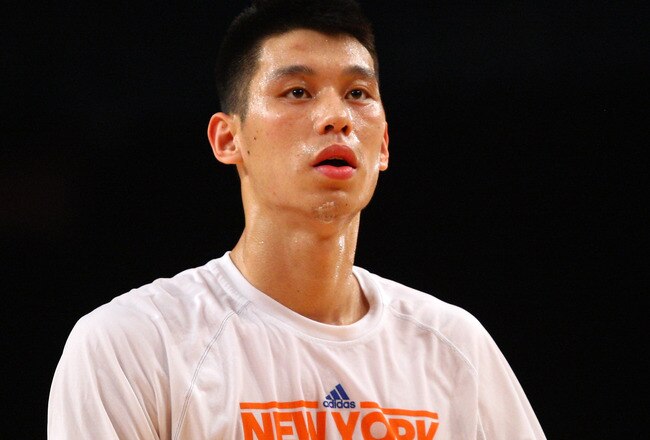 NEW YORK, NY - FEBRUARY 10:  Jeremy Lin #17 of the New York Knicks looks on as he warms up against the Los Angeles Lakers at Madison Square Garden on February 10, 2012 in New York City.  NOTE TO USER: User expressly acknowledges and agrees that, by downloading and or using this photograph, User is consenting to the terms and conditions of the Getty Images License Agreement.  (Photo by Chris Chambers/Getty Images)