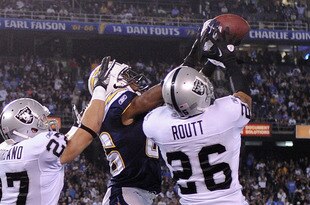 SAN DIEGO, CA - NOVEMBER 10:  Vincent Brown #86 of the San Diego Chargers makes a catch for a touchdown in front of  Stanford Routt #26 and  Matt Giordano #27 of the Oakland Raiders to trail 17-10 during the third quarter at Qualcomm Stadium on November 10, 2011 in San Diego, California.  (Photo by Harry How/Getty Images)