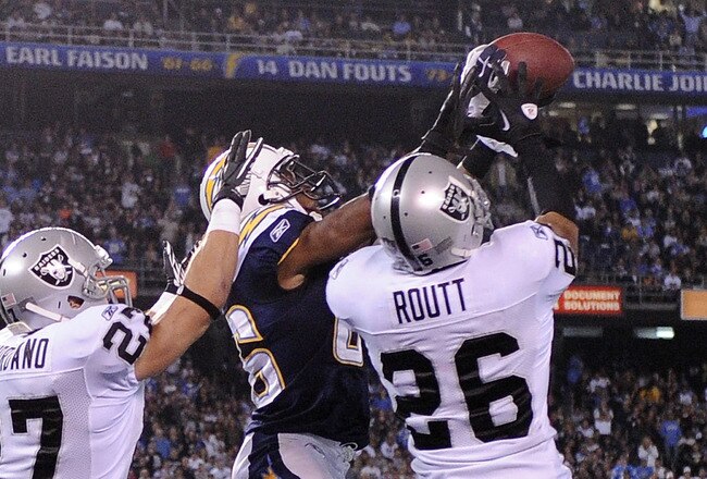SAN DIEGO, CA - NOVEMBER 10:  Vincent Brown #86 of the San Diego Chargers makes a catch for a touchdown in front of  Stanford Routt #26 and  Matt Giordano #27 of the Oakland Raiders to trail 17-10 during the third quarter at Qualcomm Stadium on November 10, 2011 in San Diego, California.  (Photo by Harry How/Getty Images)