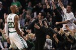 BOSTON, MA - JANUARY 19:  Ray Allen #20 of the Boston Celtics celebrates his game winning shot in the fourth quarter against the Detroit Pistons on January 19, 2011 at the TD Garden in Boston, Massachusetts. The Celtics defeated the Pistons 86-82. NOTE TO USER: User expressly acknowledges and agrees that, by downloading and/or using this Photograph, User is consenting to the terms and conditions of the Getty Images License Agreement.  (Photo by Elsa/Getty Images)