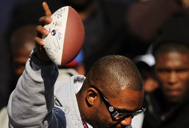 NEW YORK, NY - FEBRUARY 07:  Ahmad Bradshaw of the New York Giant walks onto the stage as the team is honored at City Hall Plaza following a ticker-tape parade in Manhattan for the second time in four years after winning the Super Bowl against the New England Patriots on February 7, 2012 in New York City. The Giants beat the Patriots 21-17 at Lucas Oil Stadium in Indianapolis on February 5. The New York parade started at Battery Place and continued through the financial district, an area known as the 'Canyon of Heroes,' to be followed by a rally at their home MetLife Stadium in East Rutherford, New Jersey.  (Photo by Spencer Platt/Getty Images)