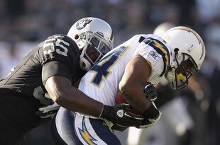 OAKLAND, CA - JANUARY 01:  Curtis Brinkley #44 of the San Diego Chargers is tackled by Rolando McClain #55 of the Oakland Raiders at O.co Coliseum on January 1, 2012 in Oakland, California.  (Photo by Ezra Shaw/Getty Images)