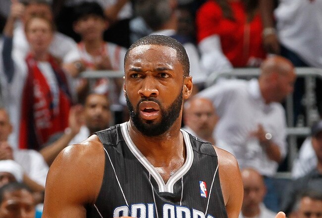 ATLANTA, GA - APRIL 28:  Gilbert Arenas #1 of the Orlando Magic against the Atlanta Hawks during Game Six of the Eastern Conference Quarterfinals in the 2011 NBA Playoffs at Philips Arena on April 28, 2011 in Atlanta, Georgia.  NOTE TO USER: User expressly acknowledges and agrees that, by downloading and or using this photograph, User is consenting to the terms and conditions of the Getty Images License Agreement.  (Photo by Kevin C. Cox/Getty Images)