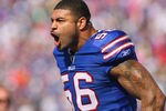 ORCHARD PARK, NY - OCTOBER 09: Shawne Merriman #56 of the Buffalo Bills reacts as he walks on the field against the Philadelphia Eagles  at Ralph Wilson Stadium on October 9, 2011 in Orchard Park, New York.Buffalo won 31-24.  (Photo by Rick Stewart/Getty Images)