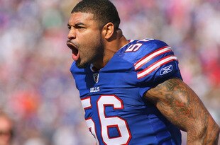 ORCHARD PARK, NY - OCTOBER 09: Shawne Merriman #56 of the Buffalo Bills reacts as he walks on the field against the Philadelphia Eagles  at Ralph Wilson Stadium on October 9, 2011 in Orchard Park, New York.Buffalo won 31-24.  (Photo by Rick Stewart/Getty Images)