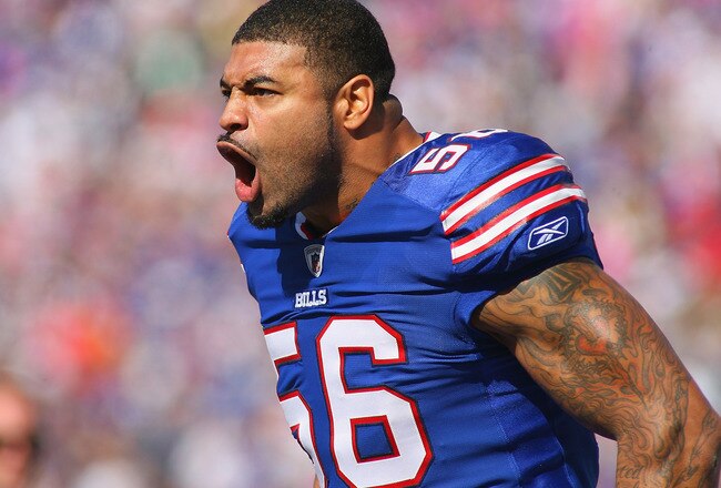 ORCHARD PARK, NY - OCTOBER 09: Shawne Merriman #56 of the Buffalo Bills reacts as he walks on the field against the Philadelphia Eagles  at Ralph Wilson Stadium on October 9, 2011 in Orchard Park, New York.Buffalo won 31-24.  (Photo by Rick Stewart/Getty Images)