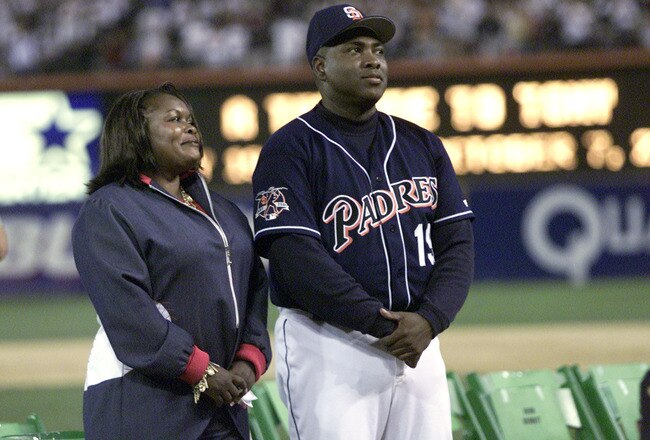 7 Oct 01: San Diego Padres outfielder Tony Gwynn #19 stands with his wife Alicia during Gwynn's retirement ceremonies following his final game, versus the Colorado Rockies at Qualcomm Stadium in San Diego, California.   DIGITAL IMAGE Mandatory Credit:  Stephen Dunn/Allsport