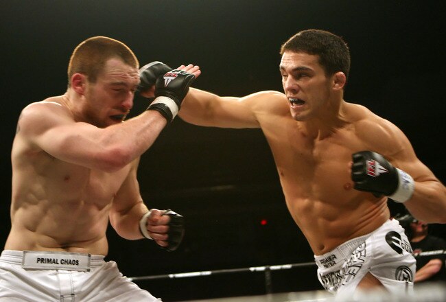 LAS VEGAS - FEBRUARY 29:  Jake Ellenberger white trunks black lettering of Team Quest fights against Pat Healy white trunks of Lion's Den during their welterweight bout at The Orleans Arena on February 29, 2008 in Las Vegas, Nevada.  (Photo by Ethan Miller/Getty Images)