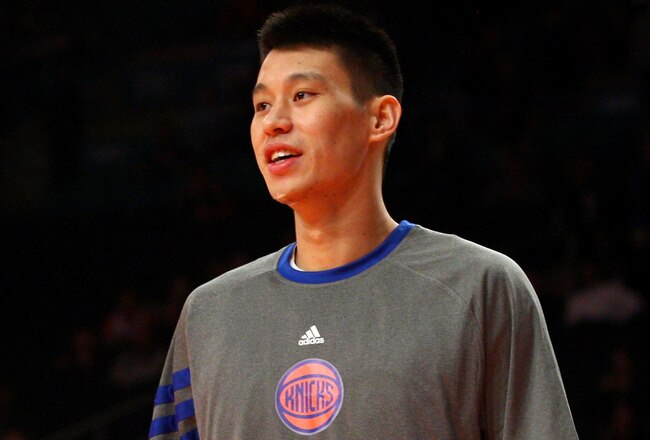 NEW YORK, NY - FEBRUARY 10:  Jeremy Lin #17 of the New York Knicks looks on during warm ups against the Los Angeles Lakers at Madison Square Garden on February 10, 2012 in New York City.  NOTE TO USER: User expressly acknowledges and agrees that, by downloading and or using this photograph, User is consenting to the terms and conditions of the Getty Images License Agreement.  (Photo by Chris Chambers/Getty Images)