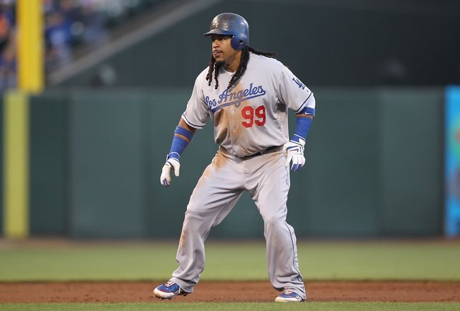 SAN FRANCISCO - JUNE 28:  Manny Ramirez #99  of the Los Angeles Dodgers in action against the San Francisco Giants during an MLB game at AT&T Park on June 28, 2010 in San Francisco, California.  (Photo by Jed Jacobsohn/Getty Images)