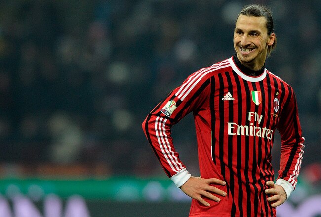 MILAN, ITALY - FEBRUARY 08:  Zlatan Ibrahimovic of AC Milan smiles during the Tim Cup match between AC Milan and Juventus FC at Giuseppe Meazza Stadium on February 8, 2012 in Milan, Italy.  (Photo by Claudio Villa/Getty Images)