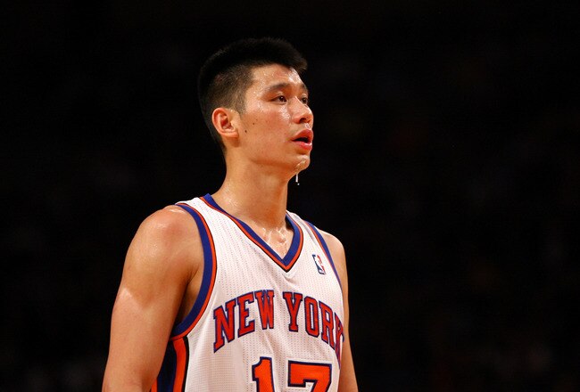 NEW YORK, NY - FEBRUARY 10:  Jeremy Lin #17 of the New York Knicks looks on against the Los Angeles Lakers at Madison Square Garden on February 10, 2012 in New York City.  NOTE TO USER: User expressly acknowledges and agrees that, by downloading and or using this photograph, User is consenting to the terms and conditions of the Getty Images License Agreement.  (Photo by Chris Chambers/Getty Images)