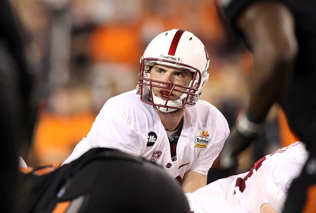 GLENDALE, AZ - JANUARY 02:  Andrew Luck #12 of the Stanford Cardinal prepares to snap the football during the Tostitos Fiesta Bowl against the Oklahoma State Cowboys on January 2, 2012 at University of Phoenix Stadium in Glendale, Arizona.  (Photo by Christian Petersen/Getty Images)