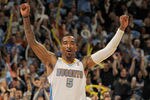 DENVER, CO - APRIL 25:  J.R. Smith #5 of the Denver Nuggets reacts after scoring against the Oklahoma City Thunder in Game Four of the Western Conference Quarterfinals in the 2011 NBA Playoffs on April 24, 2011 at the Pepsi Center in Denver, Colorado. NOTE TO USER: User expressly acknowledges and agrees that, by downloading and or using this photograph, User is consenting to the terms and conditions of the Getty Images License Agreement.  (Photo by Doug Pensinger/Getty Images)