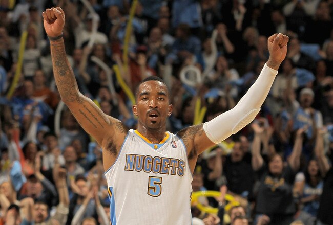 DENVER, CO - APRIL 25:  J.R. Smith #5 of the Denver Nuggets reacts after scoring against the Oklahoma City Thunder in Game Four of the Western Conference Quarterfinals in the 2011 NBA Playoffs on April 24, 2011 at the Pepsi Center in Denver, Colorado. NOTE TO USER: User expressly acknowledges and agrees that, by downloading and or using this photograph, User is consenting to the terms and conditions of the Getty Images License Agreement.  (Photo by Doug Pensinger/Getty Images)