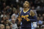 CHARLOTTE, NC - DECEMBER 07:  J.R. Smith #5 of the Denver Nuggets celebrates after making a basket against the Charlotte Bobcats during their game at Time Warner Cable Arena on December 7, 2010 in Charlotte, North Carolina.  NOTE TO USER: User expressly acknowledges and agrees that, by downloading and/or using this Photograph, User is consenting to the terms and conditions of the Getty Images License Agreement.  (Photo by Streeter Lecka/Getty Images)