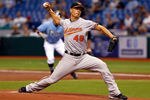 ST PETERSBURG, FL - SEPTEMBER 04:  :  Pitcher Jeremy Guthrie #46 of the Baltimore Orioles pitches against the Tampa Bay Rays during the game at Tropicana Field on September 4, 2011 in St. Petersburg, Florida.  (Photo by J. Meric/Getty Images)