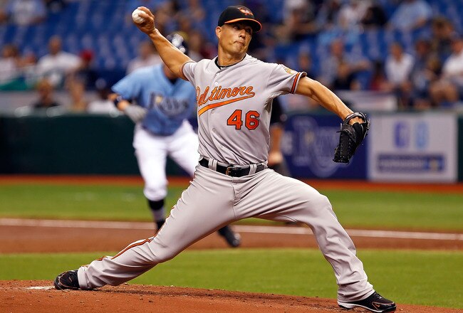 ST PETERSBURG, FL - SEPTEMBER 04:  :  Pitcher Jeremy Guthrie #46 of the Baltimore Orioles pitches against the Tampa Bay Rays during the game at Tropicana Field on September 4, 2011 in St. Petersburg, Florida.  (Photo by J. Meric/Getty Images)