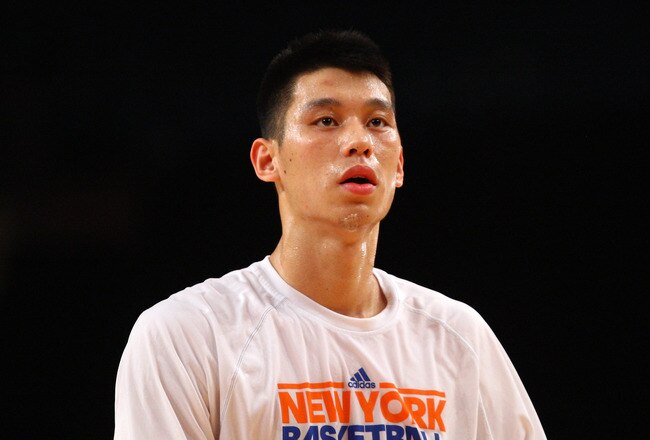NEW YORK, NY - FEBRUARY 10:  Jeremy Lin #17 of the New York Knicks looks on as he warms up against the Los Angeles Lakers at Madison Square Garden on February 10, 2012 in New York City.  NOTE TO USER: User expressly acknowledges and agrees that, by downloading and or using this photograph, User is consenting to the terms and conditions of the Getty Images License Agreement.  (Photo by Chris Chambers/Getty Images)