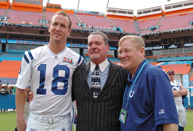 Peyton Manning of the Indianapolis Colts, left, poses with team owner Jim Irsay and GM Bill Polian during Media Day prior to Super Bowl XLI at Dolphins Stadium in Miami, Florida on January 30, 2007. (Photo by A. Messerschmidt/Getty Images)