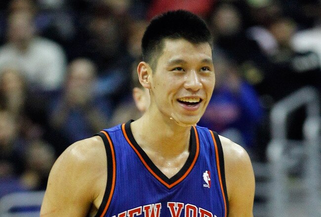 WASHINGTON, DC - FEBRUARY 08:  Jeremy Lin #17 of the New York Knicks smiles after scoring against the Washington Wizards during the second half at Verizon Center on February 8, 2012 in Washington, DC.   NOTE TO USER: User expressly acknowledges and agrees that, by downloading and or using this photograph, User is consenting to the terms and conditions of the Getty Images License Agreement.  (Photo by Rob Carr/Getty Images)