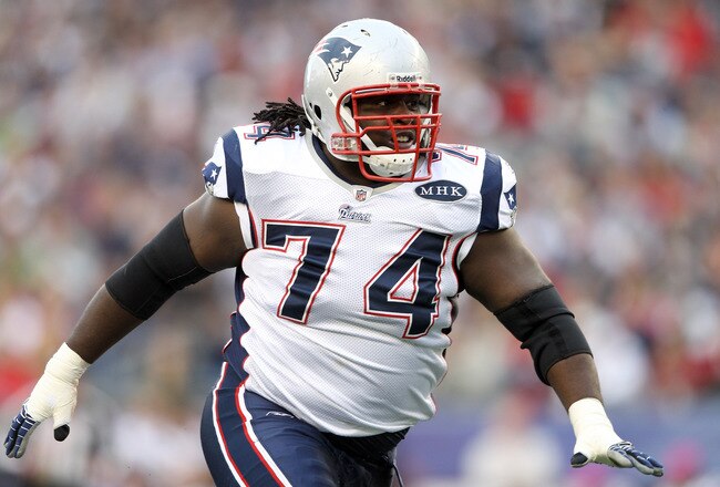 FOXBORO, MA - OCTOBER 16:   Kyle Love #74 of the New England Patriots celebrates a sack in the first half against the Dallas Cowboys on October 16, 2011 at Gillette Stadium in Foxboro, Massachusetts.  (Photo by Elsa/Getty Images)