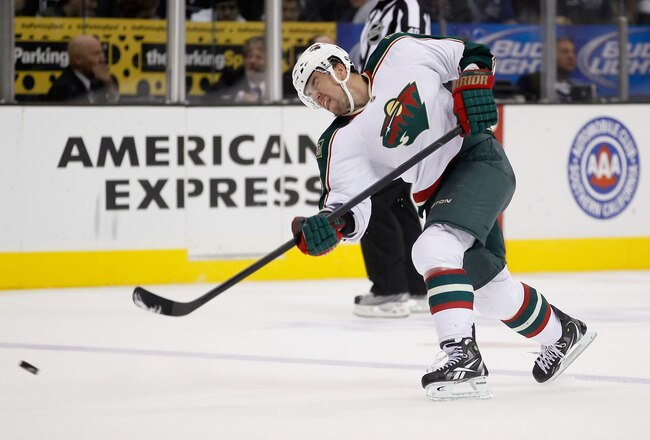 LOS ANGELES, CA - NOVEMBER 12:  Marek Zidlicky #3 of the Minnesota Wild shoots the puck against the Los Angeles Kings at Staples Center on November 12, 2011 in Los Angeles, California.  (Photo by Jeff Gross/Getty Images)