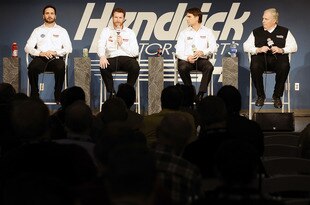 CONCORD, NC - JANUARY 25:  (L-R) Jimmie Johnson, driver of the #48 Lowe's/Kobalt Chevrolet, Dale Earnhardt Jr., driver of the #88 Diet Mountain Dew Chevrolet, Jeff Gordon, driver of the #24 Drive to End Hunger Chevrolet, and Rick Hendrick, owner of Hendrick Motorsports, speak with the media during the 2012 NASCAR Sprint Cup Series Media Tour hosted by Charlotte Motor Speedway on January 25, 2012 in Concord, North Carolina.  (Photo by Jared C. Tilton/Getty Images for NASCAR)