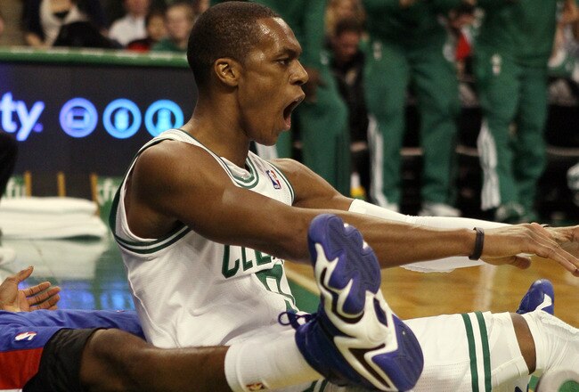 BOSTON, MA - FEBRUARY 15:  Rajon Rondo #9 of the Boston Celtics reacts after he draws the foul in the first quarter against the Detroit Pistons on February 15, 2012 at TD Garden in Boston, Massachusetts. NOTE TO USER: User expressly acknowledges and agrees that, by downloading and or using this photograph, User is consenting to the terms and conditions of the Getty Images License Agreement.  (Photo by Elsa/Getty Images)
