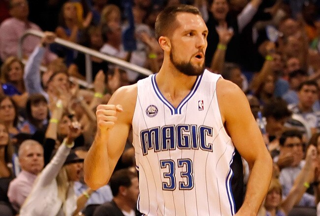 ORLANDO, FL - APRIL 26:  Ryan Anderson #33 of the Orlando Magic celebrates a three point shot against the Atlanta Hawks during Game Five of the Eastern Conference Quarterfinals of the 2011 NBA Playoffs on April 26, 2011 at the Amway Arena in Orlando, Florida.  NOTE TO USER: User expressly acknowledges and agrees that, by downloading and/or using this Photograph, user is consenting to the terms and conditions of the Getty Images License Agreement.  (Photo by J. Meric/Getty Images)