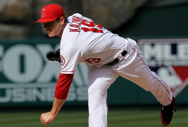 ANAHEIM, CA - SEPTEMBER 08:  Scott Zazmir #19 of the Los Angeles Angels of Anaheim throws a pitch against the Cleveland Indians on September 8, 2010 at Angel Stadium in Anaheim, California.  (Photo by Stephen Dunn/Getty Images)