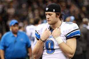 NEW ORLEANS, LA - JANUARY 07:  Matthew Stafford #9 of the Detroit Lions looks on from the bench against the New Orleans Saints during their 2012 NFC Wild Card Playoff game at Mercedes-Benz Superdome on January 7, 2012 in New Orleans, Louisiana.  (Photo by Ronald Martinez/Getty Images)