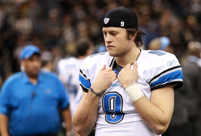 NEW ORLEANS, LA - JANUARY 07:  Matthew Stafford #9 of the Detroit Lions looks on from the bench against the New Orleans Saints during their 2012 NFC Wild Card Playoff game at Mercedes-Benz Superdome on January 7, 2012 in New Orleans, Louisiana.  (Photo by Ronald Martinez/Getty Images)