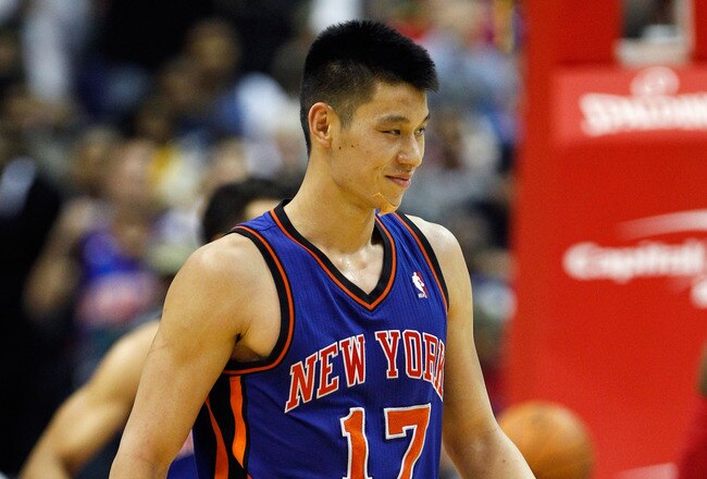 WASHINGTON, DC - FEBRUARY 08: Jeremy Lin #17 of the New York Knicks walks up the floor during the second half against the Washington Wizards at Verizon Center on February 8, 2012 in Washington, DC.  NOTE TO USER: User expressly acknowledges and agrees that, by downloading and or using this photograph, User is consenting to the terms and conditions of the Getty Images License Agreement. (Photo by Rob Carr/Getty Images)