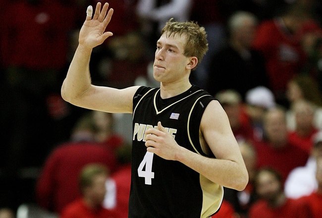 MADISON, WI - JANUARY 27: Robbie Hummel #4 of the Purdue Boilermakers celebrates a win over the Wisconsin Badgers on January 27, 2009 at the Kohl Center in Madison, Wisconsin. Purdue defeated Wisconsin 64-63. (Photo by Jonathan Daniel/Getty Images)