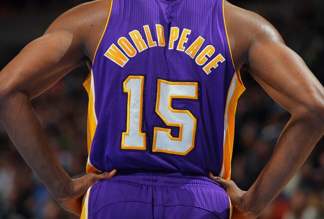 DENVER, CO - FEBRUARY 03:  Detail of the back of the jersey of Metta World Peace #15 of the Los Angeles Lakers as the Lakers defeated the Denver Broncos 93-89 at the Pepsi Center on February 3, 2012 in Denver, Colorado. NOTE TO USER: User expressly acknowledges and agrees that, by downloading and or using this photograph, User is consenting to the terms and conditions of the Getty Images License Agreement.  (Photo by Doug Pensinger/Getty Images)