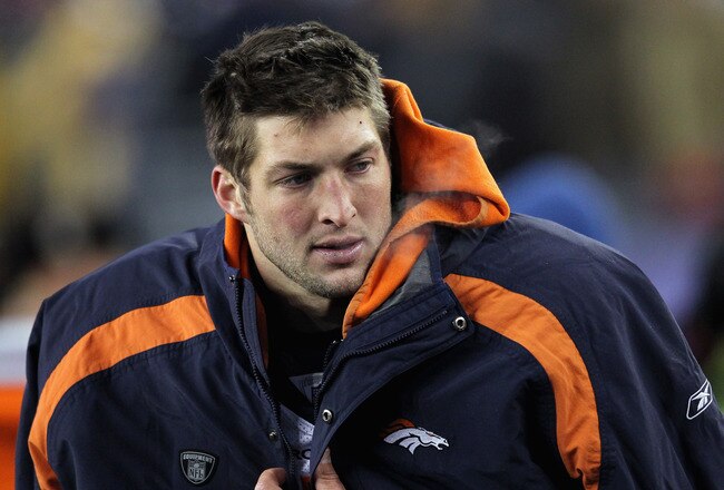 FOXBORO, MA - JANUARY 14:  Tim Tebow #15 of the Denver Broncos looks on against the New England Patriots during their AFC Divisional Playoff Game at Gillette Stadium on January 14, 2012 in Foxboro, Massachusetts.  (Photo by Jim Rogash/Getty Images)