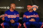 NEW YORK, NY - FEBRUARY 23:  New York Knicks new players (R) Carmelo Anthony and (L) Chauncy Billups are introduced to the media at a press conference at Madison Square Garden on February 23, 2011 in New York City. NOTE TO USER: User expressly acknowledges and agrees that, by downloading and/or using this Photograph, User is consenting to the terms and conditions of the Getty Images License Agreement.  (Photo by Chris Trotman/Getty Images)