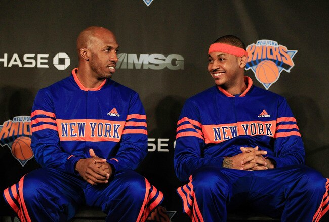 NEW YORK, NY - FEBRUARY 23:  New York Knicks new players (R) Carmelo Anthony and (L) Chauncy Billups are introduced to the media at a press conference at Madison Square Garden on February 23, 2011 in New York City. NOTE TO USER: User expressly acknowledges and agrees that, by downloading and/or using this Photograph, User is consenting to the terms and conditions of the Getty Images License Agreement.  (Photo by Chris Trotman/Getty Images)