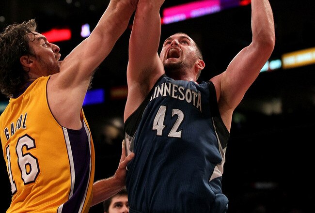 LOS ANGELES - NOVEMBER 9: Kevin Love #42 of the Minnesota Timberwolves shoots over Pau Gasol #16 of the Los Angeles Lakers at Staples Center on November 9, 2010 in Los Angeles, California. The Lakers won 99-94.   NOTE TO USER: User expressly acknowledges and agrees that, by downloading and or using this photograph, User is consenting to the terms and conditions of the Getty Images License Agreement. (Photo by Stephen Dunn/Getty Images)
