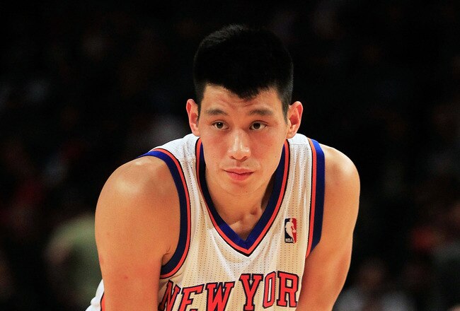 NEW YORK, NY - FEBRUARY 15:  Jeremy Lin #17 of the New York Knicks looks on against the Sacramento Kings at Madison Square Garden on February 15, 2012 in New York City. NOTE TO USER: User expressly acknowledges and agrees that, by downloading and/or using this Photograph, user is consenting to the terms and conditions of the Getty Images License Agreement.  (Photo by Chris Trotman/Getty Images)