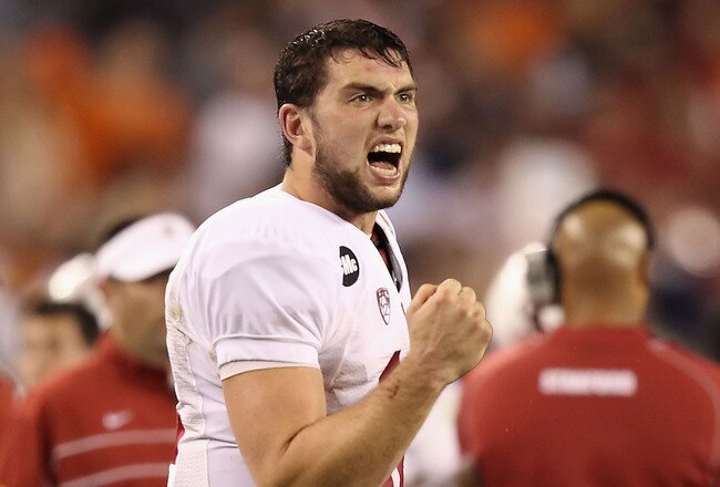 GLENDALE, AZ - JANUARY 02:  Andrew Luck #12 of the Stanford Cardinal reacts during the Tostitos Fiesta Bowl against the Oklahoma State Cowboys on January 2, 2012 at University of Phoenix Stadium in Glendale, Arizona.  (Photo by Christian Petersen/Getty Images)
