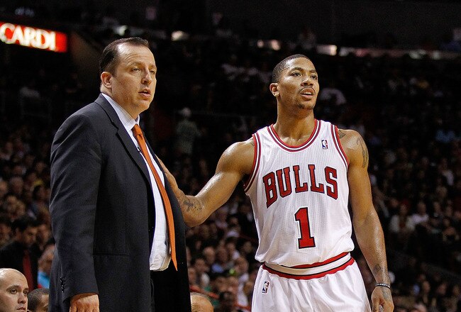 MIAMI, FL - JANUARY 29: Derrick Rose #1 of the Chicago Bulls talks with head coach Tom Thibodeau during a game  at American Airlines Arena on January 29, 2012 in Miami, Florida. NOTE TO USER: User expressly acknowledges and agrees that, by downloading and/or using this Photograph, User is consenting to the terms and conditions of the Getty Images License Agreement.  (Photo by Mike Ehrmann/Getty Images)